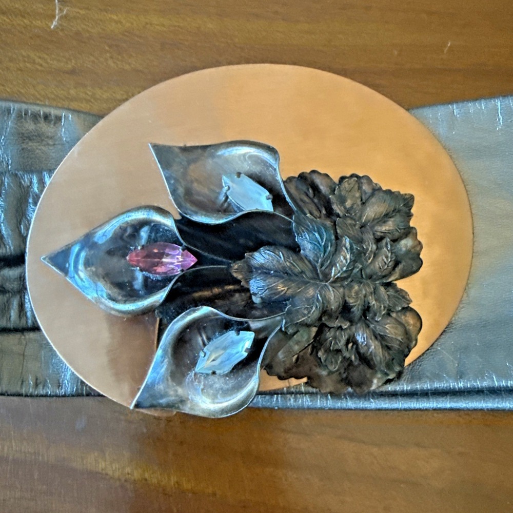 Vintage 90s Reynold Mejer Leather Belt Copper Calla Lily Rhinestone Buckle‎ 35"